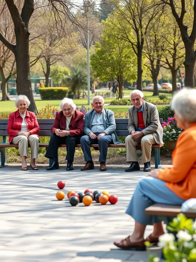 A photograph capturing a group of senior citizens participating in a friendly boules match in a local park, emphasizing the accessibility and social benefits of the sport for older adults.