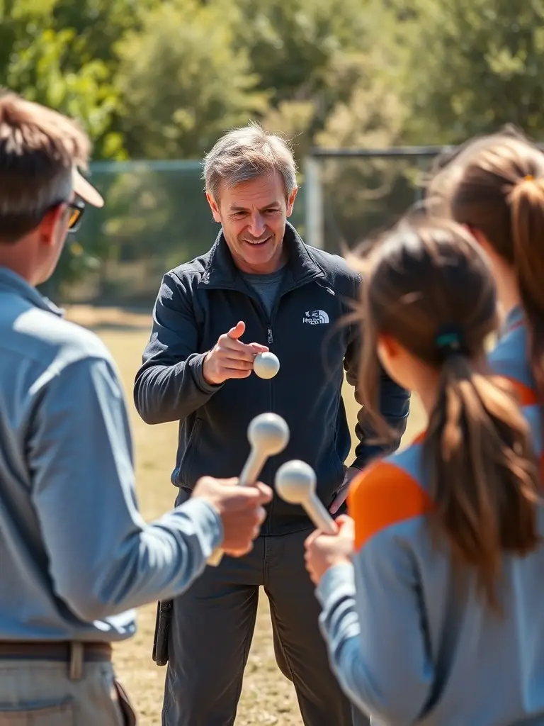 A photograph of a boules training workshop, with experienced coaches providing guidance and instruction to participants, emphasizing the skill development aspect of the organization's programs.