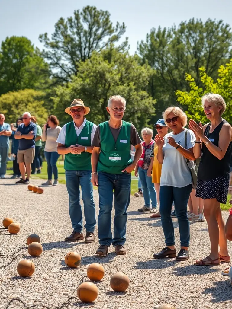 A photo of volunteers assisting with a boules event, highlighting the importance of community involvement and the organization's reliance on dedicated individuals.