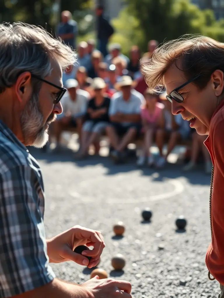 A dynamic shot of a competitive boules tournament, showcasing the intensity and skill involved in the sport at a higher level, with participants focused and engaged.