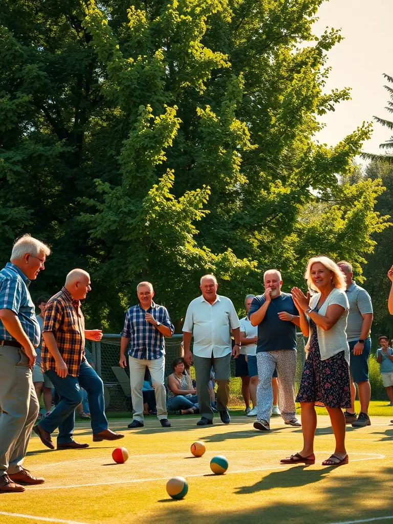 A vibrant image of a group of people of various ages participating in a friendly game of boules in a park setting, showcasing the inclusive nature of the sport and the community engagement aspect of DISTRICT BOULISTE DU CANTAL-LOZERE.