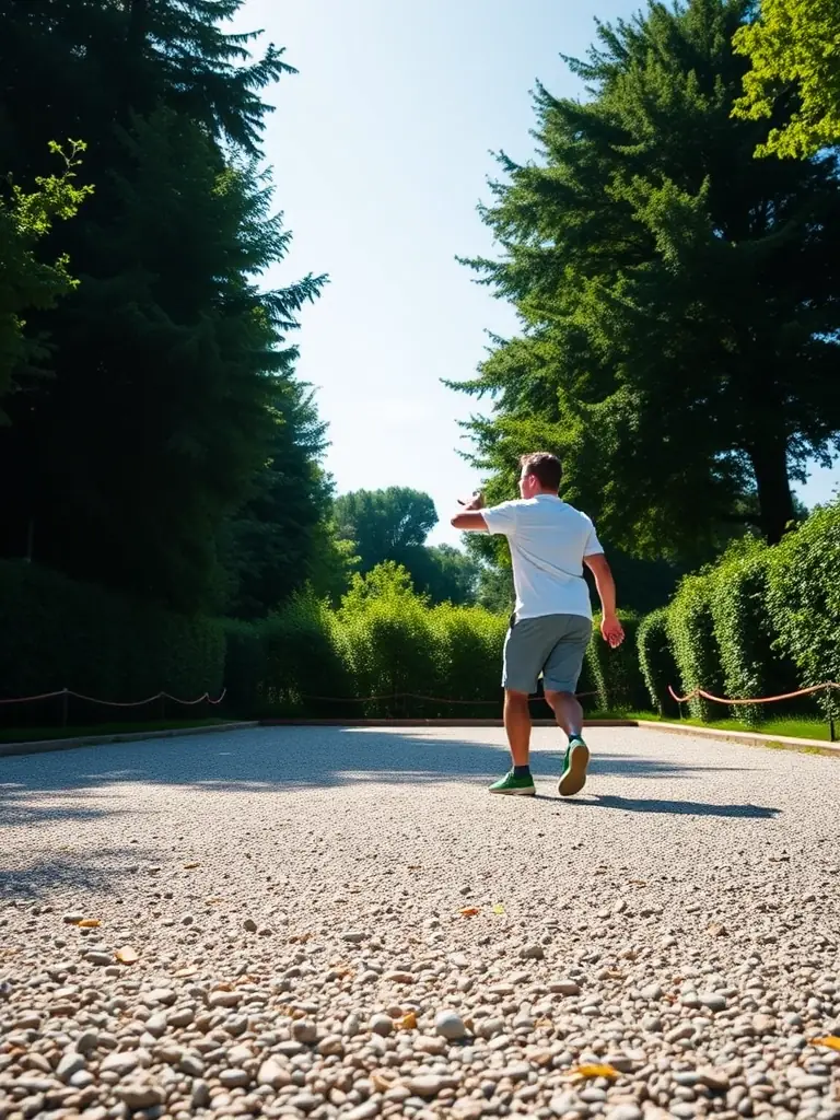 An action shot of a competitive boules tournament organized by DISTRICT BOULISTE DU CANTAL-LOZERE, highlighting the intensity and skill involved in the sport, with participants focused and engaged.